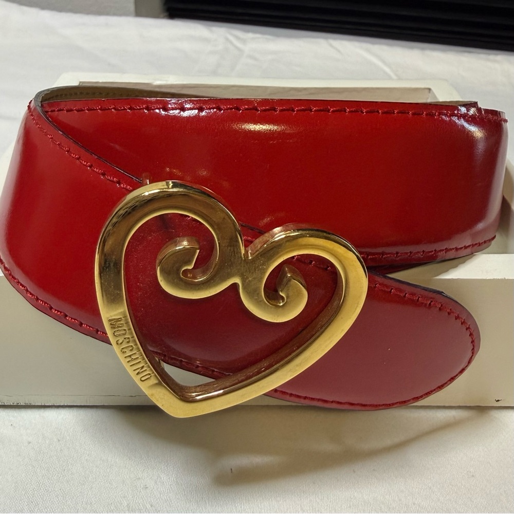 Moschino Red Leather Belt with Heart buckle